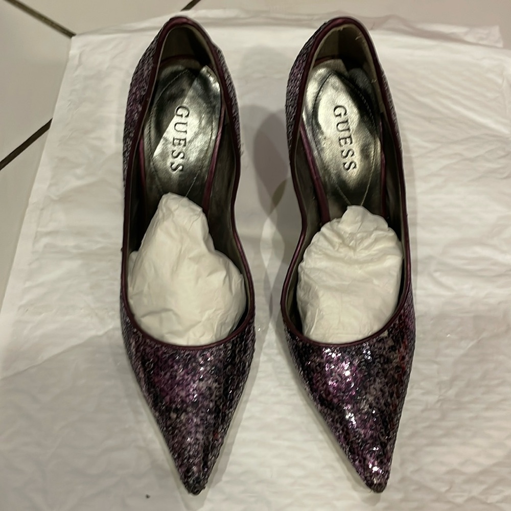 Free With Purchase! GUC Guess Purple Metallic Sequin Textured Carrie High Heels